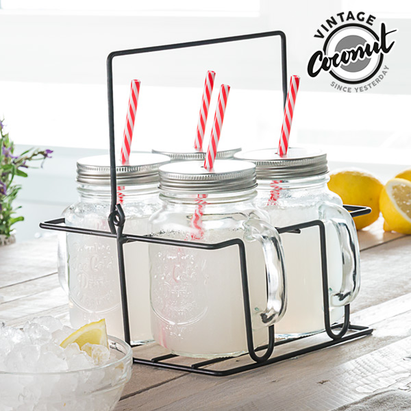 Sklenice s Víčkem a Brčkem na Plechovém Tácu Vintage Coconut (4 kusy) Sklenice s Víčkem a Brčkem na Plechovém Tácu Vintage Coconut (4 kusy)