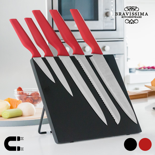 Nože s Magnetickým Stojanem Bravissima Kitchen (6 kusů) - Červený Nože s Magnetickým Stojanem Bravissima Kitchen (6 kusů) - Červený